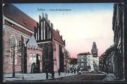 AK Cottbus, Strassenpartie am Oberkirchplatz mit Kirche