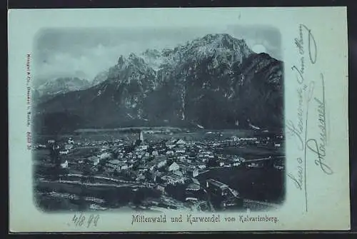 Mondschein-AK Mittenwald, Teilansicht und Karwendel vom Kalvarienberg