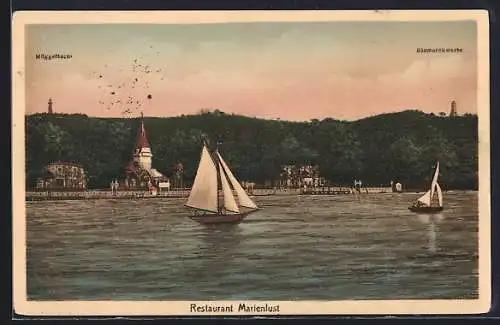 AK Berlin-Köpenick, Restaurant Marienlust mit Müggelturm und Bismarckwarte
