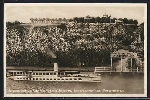 AK Werder /Havel, Bergrestaurant und Hotel Friedrichshöhe mit Dampfer