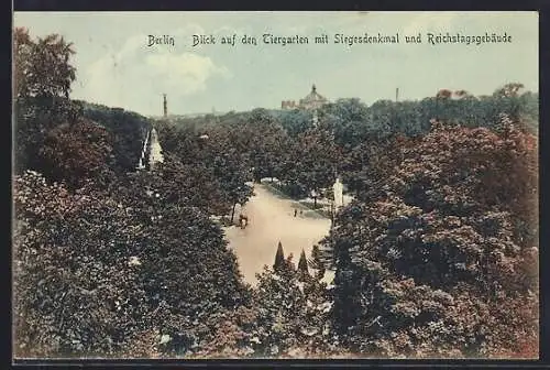 AK Berlin, Blick auf den Tiergarten mit Siegesdenkmal und Reichstagsgebäude