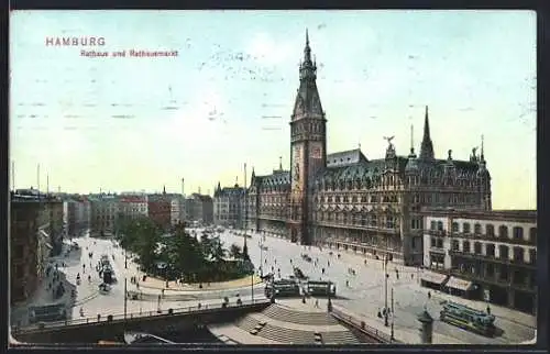 AK Hamburg, Rathaus und Rathausmarkt mit Strassenbahnen