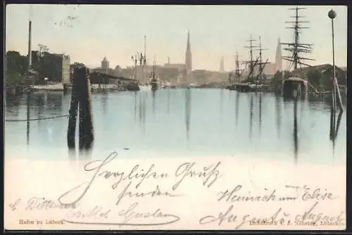 AK Lübeck, Stadtansicht vom Hafen aus