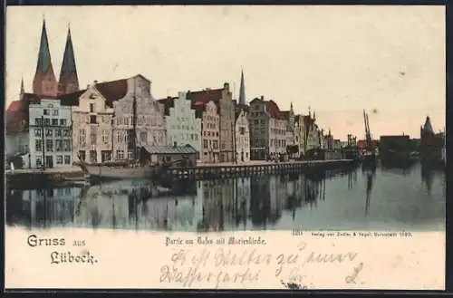 AK Lübeck, Partie am Hafen mit Marienkirche