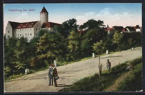 AK Haynsburg bei Zeitz, Strassenpartie mit Wanderern
