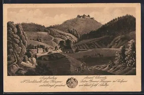 Künstler-AK Augustusburg /Chemnitz, Blick ins Tal mit Augustusburg