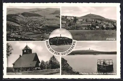AK Geising, Panorama, Zinnwald Kirche, Gr. Galgenteich mit Kahleberg