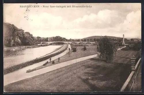 AK Saarbrücken, Neue Saar-Anlagen mit Bismarckbrücke