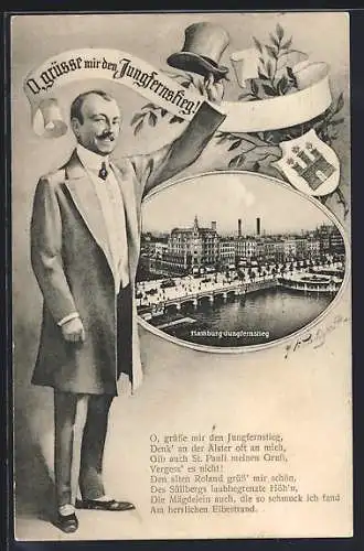 AK Hamburg-Neustadt, Jungfernstieg mit Wappen und grüssenden Herren