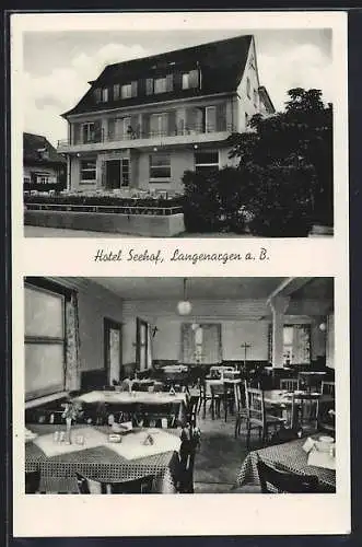 AK Langenargen a. Bodensee, Hotel Seehof, Aussenansicht und Innenansicht vom Speisesaal, Inh. Eugen Brudermann