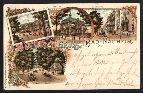 Lithographie Bad-Nauheim, Badehäuser, Postamt, Bahnhofstrasse und Kurstrasse