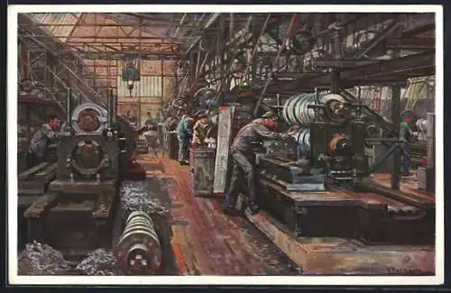 Künstler-AK Troisdorf, Walzwerk-Walzendreherei der Klöckner Werke A.-G., Abt. Mannstaedt-Werke
