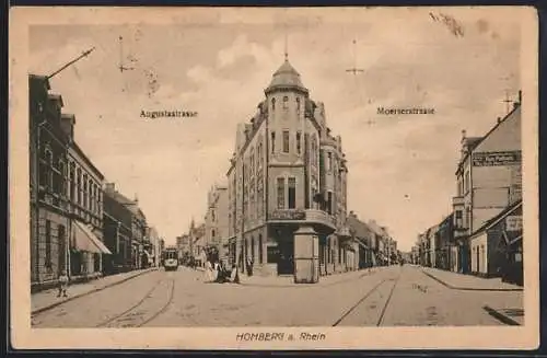 AK Homberg a. Rhein, Ecke Augustastrasse und Moerserstrasse, Hotel Central-Hof, Strassenbahn