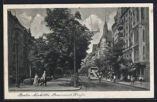 AK Berlin-Neukölln, Braunauer Strasse mit Doppeldeckerbus