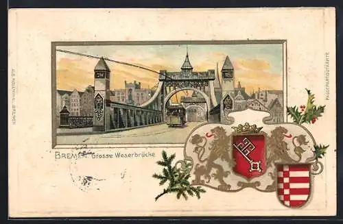 Passepartout-Lithographie Bremen, Grosse Weserbrücke im Passepartout, Stadtwappen, Strassenbahn