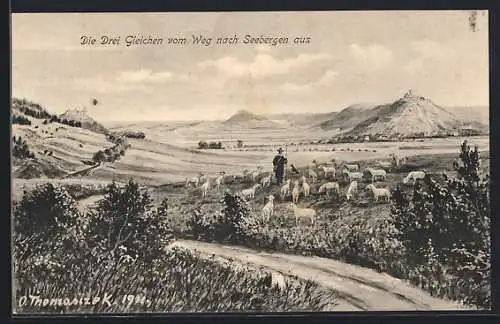 AK Seebergen, die Drei Gleichen vom Weg aus gesehen