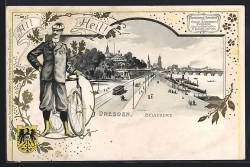 Präge-Lithographie Dresden, Belvedere mit Strassenbahn im Passepartout, Fahrradfahrer und Devise All Heil !