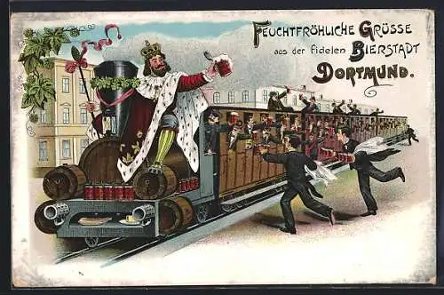 Lithographie Dortmund, Bierzug mit Bierkönig