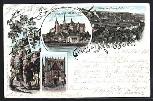 Lithographie Meissen, die kgl. Porzellanmanufaktur, die Albrechtsburg, am Dom, Zwerge trinken Wein