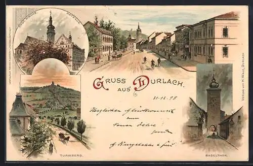 Lithographie Durlach, Turmberg, Prot. Kirche und Rathaus, Baselthor