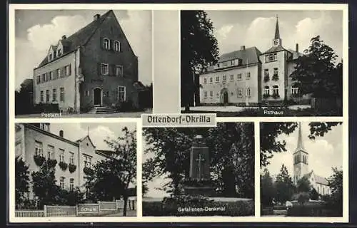 AK Ottendorf-Okrilla, Postamt, Rathaus, Schule, Gefallenen-Denkmal