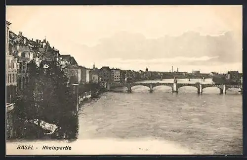 AK Basel, Rheinpartie mit Brücke