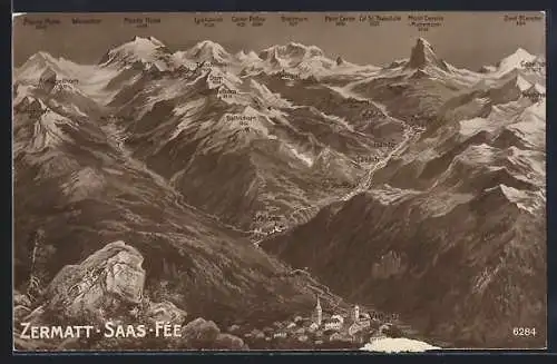 Künstler-AK Zermatt & Saas-Fée, Panorama über Berglandschaften