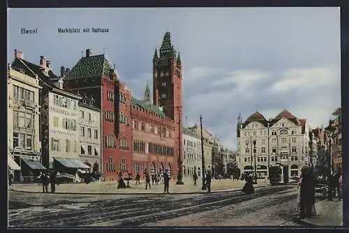 AK Basel, Kaffeerösterei F. Riggenbach z. Arm und Rathaus am Marktplatz