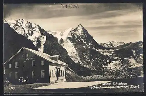 AK Grosse Scheidegg, Hotel an der Scheidegg, Grindelwald, Wetterhorn und Eiger