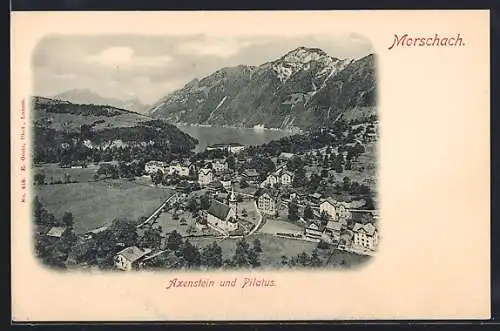 AK Morschach, Kirche mit Strassenpartie, Axenstein und Pilatus