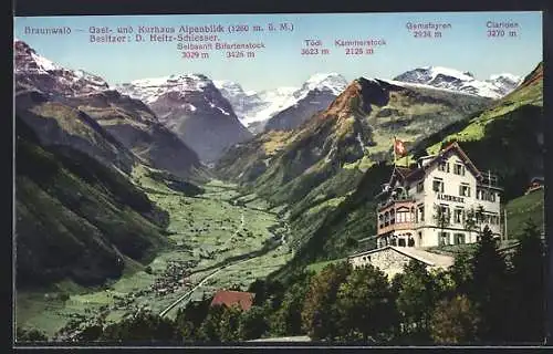 AK Braunwald, Gast- und Kurhaus Alpenblick mit Tödi, Kammerstock und Clariden