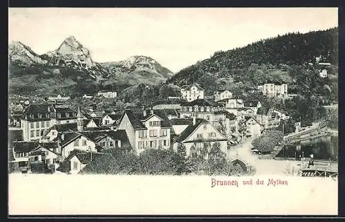 AK Brunnen, Strassenpartie mit Hotel Schweizerhof und den Mythen