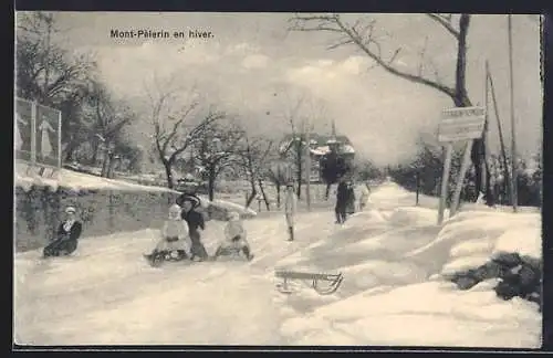 AK Mont-Pèlerin, Panorama mit Schlittenfahrern im Winter