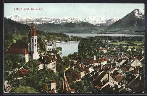 AK Thun, Teilansicht mit Kirche und den Alpen
