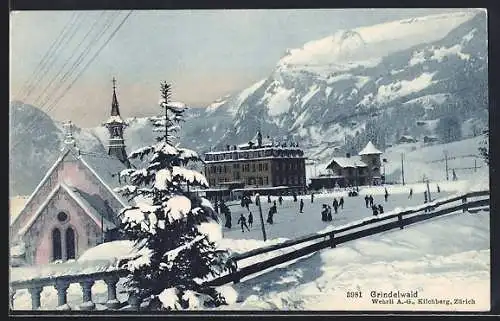 AK Grindelwald, Ortspartie mit Kirche im Winter