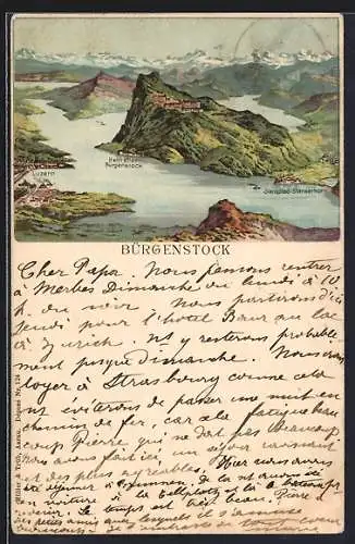Lithographie Bürgenstock, Panorama mit Kehrsiten-Bürgenstock, Luzern und Sansstad-Stanserhorn