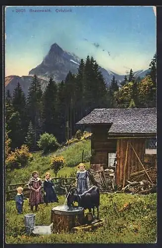 AK Braunwald, Ortspartie mit Widder am Brunnen, Ortstock