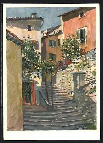 Künstler-AK Gandria, Strasse Dorfgasse mit Treppe