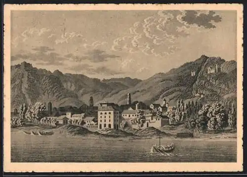 Künstler-AK Locarno, Uferpartie mit Boot