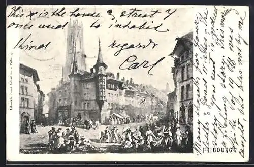 Künstler-AK Fribourg, Ortspartie mit Menschenmenge, Kirche und weiterem Turmgebäude