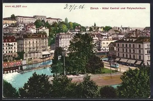 AK Zürich, Hotel Central und Polytechnikum mit Stadtpanorama aus der Vogelschau, Strassenbahn