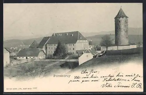 AK Porrentruy, Schloss mit Turm, Panorama mit Fernblick
