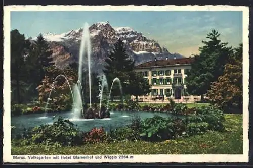 AK Glarus, Volksgarten mit Hotel Glarnerhof und Wiggis