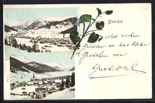 AK Davos, Ortsansichten im Winter aus der Vogelschau, Blume