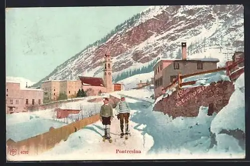 AK Pontresina, Ortsansicht mit Kirche im Winter