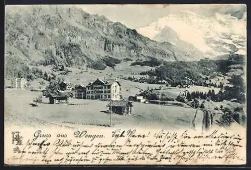AK Wengen, Ortspartie mit Gebäuden und Bergspitze