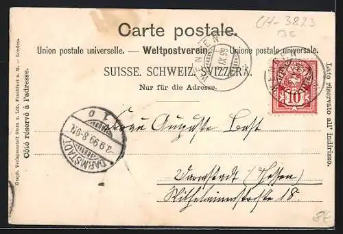 AK Wengen, Ortspartie mit Gebäuden und Bergspitze