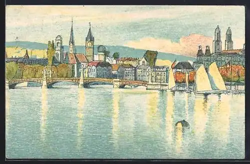 Künstler-AK sign. E. Stiefel: Zürich, Panoramablick auf die Stadt