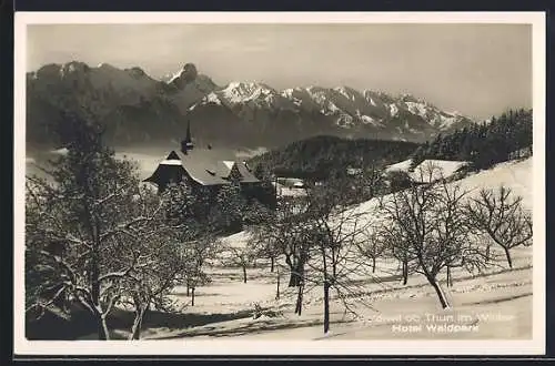 AK Goldiwil ob Thun, Hotel Waldpark mit Umgebung im Winter, mit Gipfelpanorama