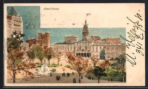 Künstler-Lithographie New York, NY, Park in front of City Hall